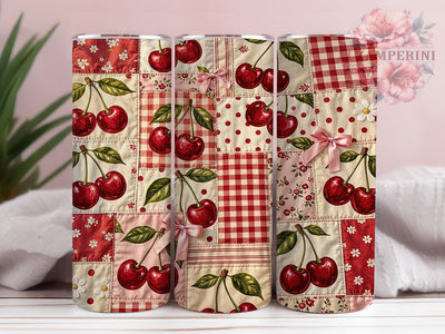 Vintage Cherry Pink Bow Quilt 20oz Tumbler, Vintage Cherry, Pink Bow, Quilt Pattern, Sublimation Wrap, 20oz Tumbler, Cottagecore Aesthetic, Sweet Charm Sublimation Li Zamperini 