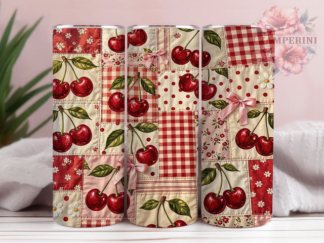 Vintage Cherry Pink Bow Quilt 20oz Tumbler, Vintage Cherry, Pink Bow, Quilt Pattern, Sublimation Wrap, 20oz Tumbler, Cottagecore Aesthetic, Sweet Charm Sublimation Li Zamperini 