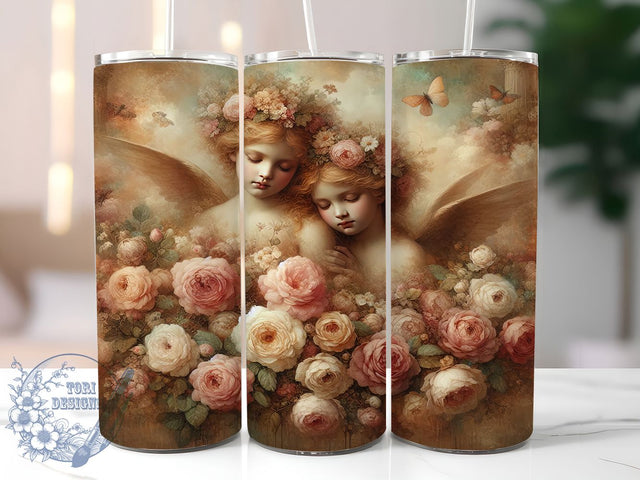 Vintage Cherub Floral 20oz Tumbler, Floral Angel Sublimation PNG, Romantic Cherub Design, 20oz Vintage Wrap, Classic Angel PNG, Elegant Floral Tumbler, Artistic Cherub Sublimation Sublimation ToriDesigns 