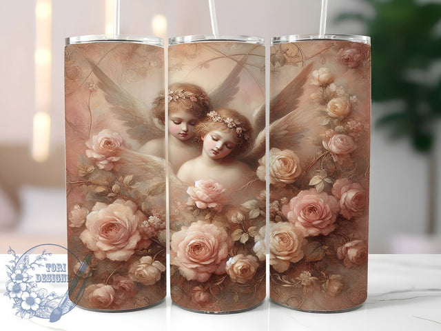 Vintage Cherub Floral 20oz Tumbler, Floral Angel Sublimation PNG, Romantic Cherub Design, 20oz Vintage Wrap, Classic Angel PNG, Elegant Floral Tumbler, Artistic Cherub Sublimation Sublimation ToriDesigns 