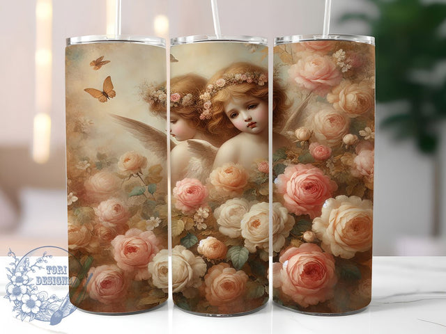 Vintage Cherub Floral 20oz Tumbler, Floral Angel Sublimation PNG, Romantic Cherub Design, 20oz Vintage Wrap, Classic Angel PNG, Elegant Floral Tumbler, Artistic Cherub Sublimation Sublimation ToriDesigns 