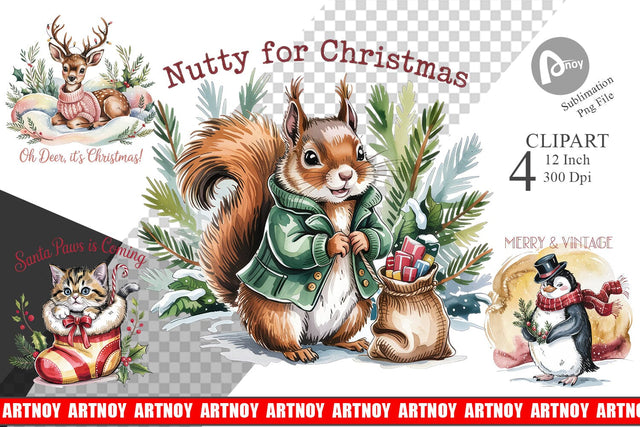 Vintage Christmas Animal Clipart Sublimation artnoy 