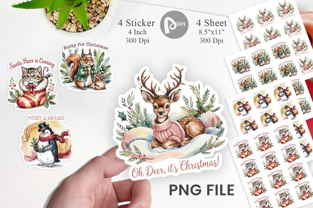 Vintage Christmas Animal Sticker Sublimation artnoy 