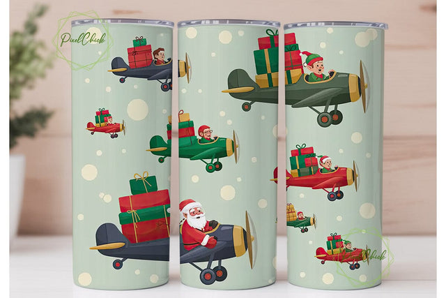 Vintage Christmas Biplane 20oz Tumbler Sublimation PixelChick 