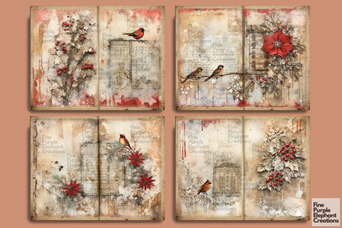 Vintage Christmas Birds | Junk Journal Pages Digital Pattern Fine Purple Elephant Creations 