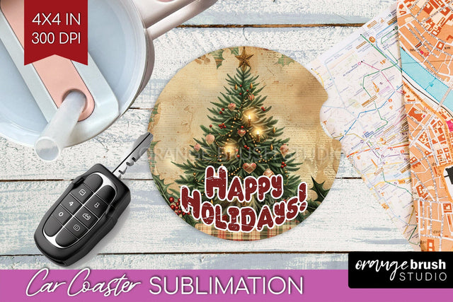 Vintage Christmas Car Coaster PNG - Xmas Coaster Sublimatoin Sublimation OrangeBrushStudio 