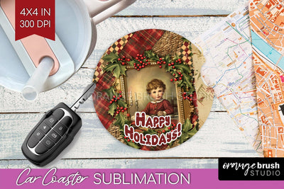 Vintage Christmas Car Coaster PNG - Xmas Coaster Sublimatoin Sublimation OrangeBrushStudio 