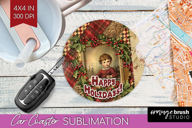 Vintage Christmas Car Coaster PNG - Xmas Coaster Sublimatoin Sublimation OrangeBrushStudio 