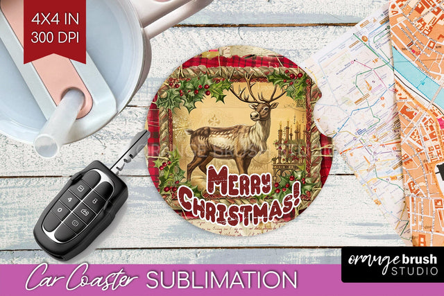 Vintage Christmas Car Coaster PNG - Xmas Coaster Sublimatoin Sublimation OrangeBrushStudio 