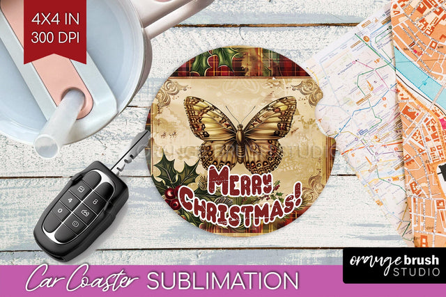 Vintage Christmas Car Coaster PNG - Xmas Coaster Sublimatoin Sublimation OrangeBrushStudio 
