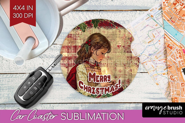 Vintage Christmas Car Coaster PNG - Xmas Coaster Sublimatoin Sublimation OrangeBrushStudio 