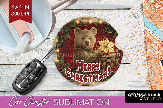 Vintage Christmas Car Coaster PNG - Xmas Coaster Sublimatoin Sublimation OrangeBrushStudio 