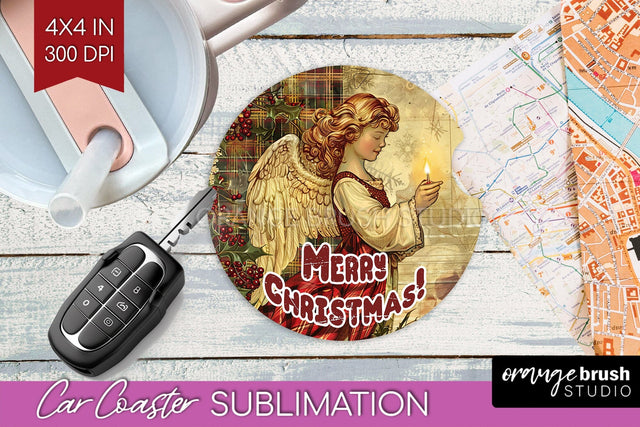 Vintage Christmas Car Coaster PNG - Xmas Coaster Sublimatoin Sublimation OrangeBrushStudio 