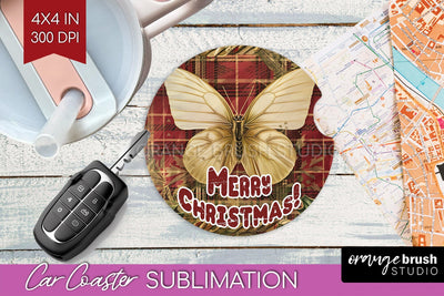 Vintage Christmas Car Coaster PNG - Xmas Coaster Sublimatoin Sublimation OrangeBrushStudio 