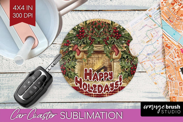 Vintage Christmas Car Coaster PNG - Xmas Coaster Sublimatoin Sublimation OrangeBrushStudio 