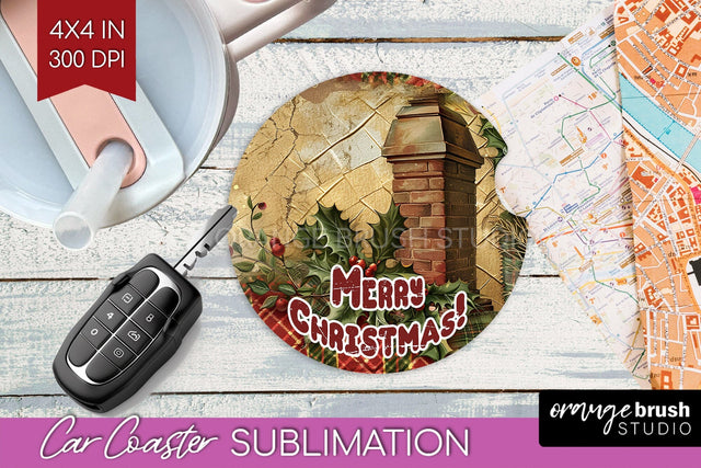 Vintage Christmas Car Coaster PNG - Xmas Coaster Sublimatoin Sublimation OrangeBrushStudio 
