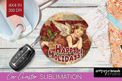 Vintage Christmas Car Coaster PNG - Xmas Coaster Sublimatoin Sublimation OrangeBrushStudio 