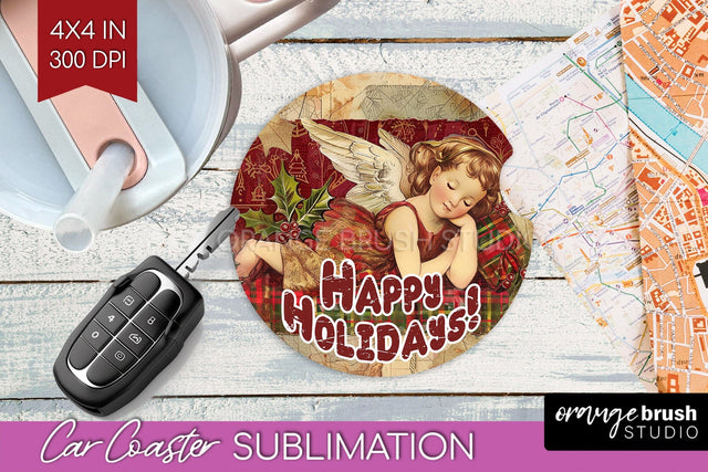 Vintage Christmas Car Coaster PNG - Xmas Coaster Sublimatoin Sublimation OrangeBrushStudio 