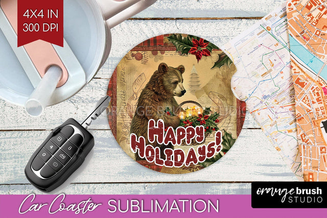 Vintage Christmas Car Coaster PNG - Xmas Coaster Sublimatoin Sublimation OrangeBrushStudio 
