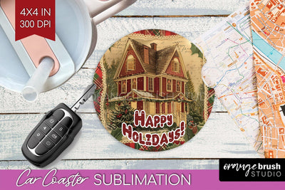 Vintage Christmas Car Coaster PNG - Xmas Coaster Sublimatoin Sublimation OrangeBrushStudio 