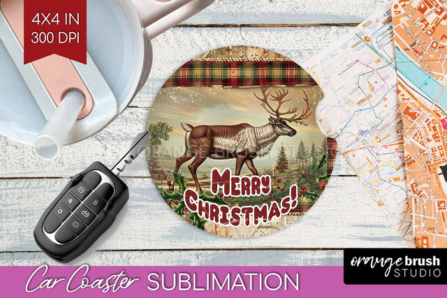 Vintage Christmas Car Coaster PNG - Xmas Coaster Sublimatoin Sublimation OrangeBrushStudio 