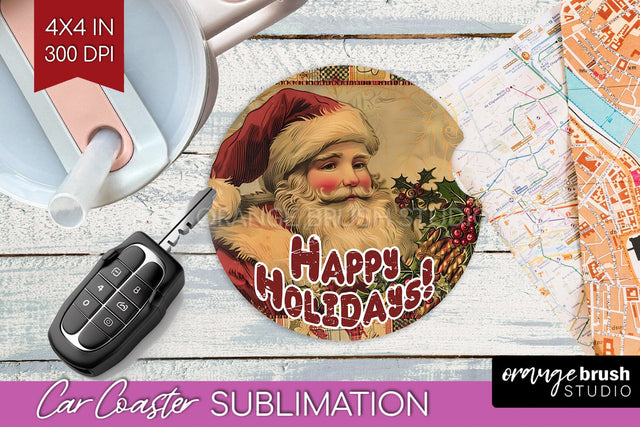 Vintage Christmas Car Coaster PNG - Xmas Coaster Sublimatoin Sublimation OrangeBrushStudio 