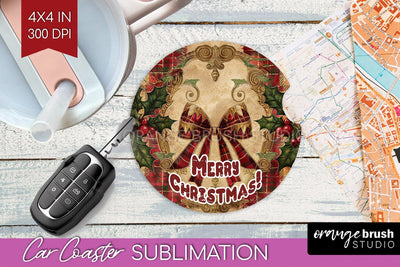 Vintage Christmas Car Coaster PNG - Xmas Coaster Sublimatoin Sublimation OrangeBrushStudio 
