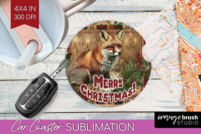 Vintage Christmas Car Coaster PNG - Xmas Coaster Sublimatoin Sublimation OrangeBrushStudio 