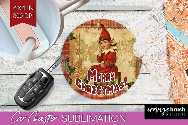 Vintage Christmas Car Coaster PNG - Xmas Coaster Sublimatoin Sublimation OrangeBrushStudio 