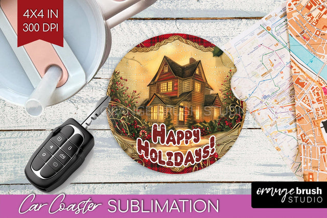 Vintage Christmas Car Coaster PNG - Xmas Coaster Sublimatoin Sublimation OrangeBrushStudio 