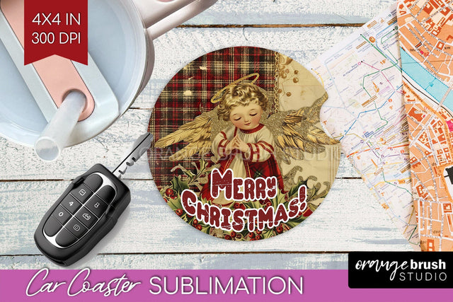 Vintage Christmas Car Coaster PNG - Xmas Coaster Sublimatoin Sublimation OrangeBrushStudio 