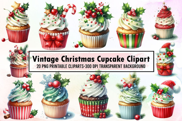 Vintage Christmas Cupcake Clipart Bundle Sublimation designartist 