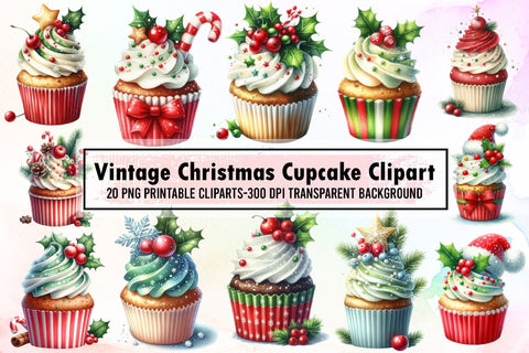 Vintage Christmas Cupcake Clipart Bundle Sublimation designartist 