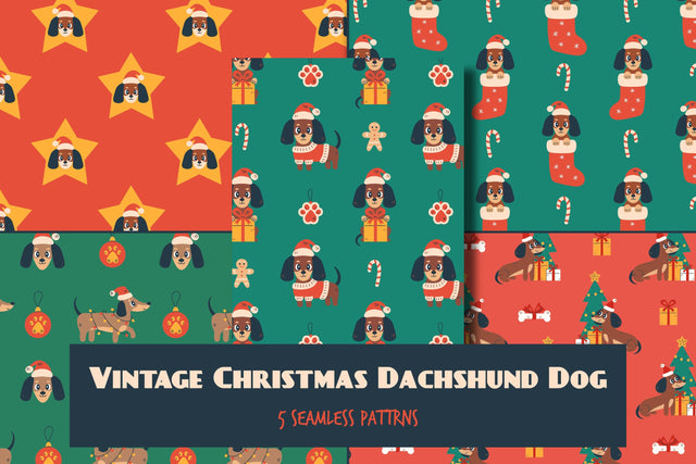 Vintage Christmas Dachshund Dog Seamless Patterns Digital Pattern Rin Green 