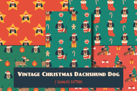 Vintage Christmas Dachshund Dog Seamless Patterns Digital Pattern Rin Green 