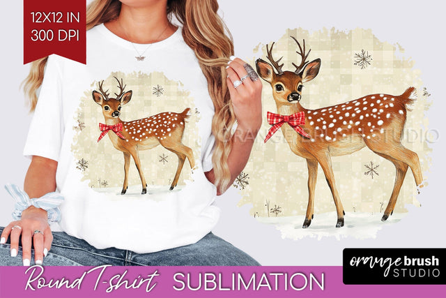 Vintage Christmas Deer Round Tshirt PNG Background Design Sublimation OrangeBrushStudio 