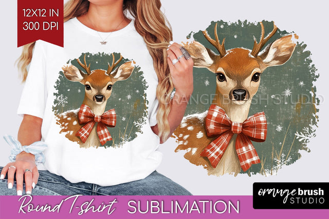 Vintage Christmas Deer Round Tshirt PNG Background Design Sublimation OrangeBrushStudio 