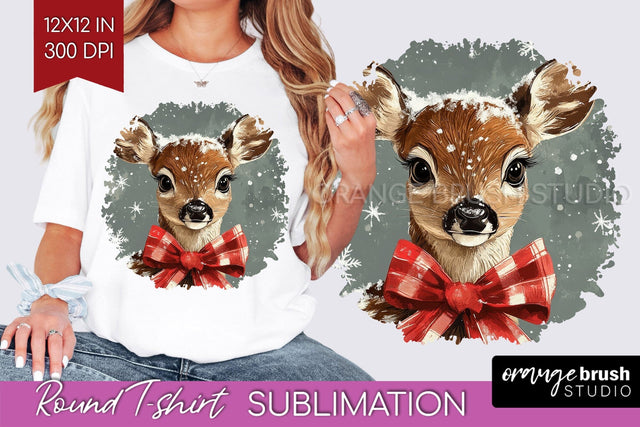 Vintage Christmas Deer Round Tshirt PNG Background Design Sublimation OrangeBrushStudio 