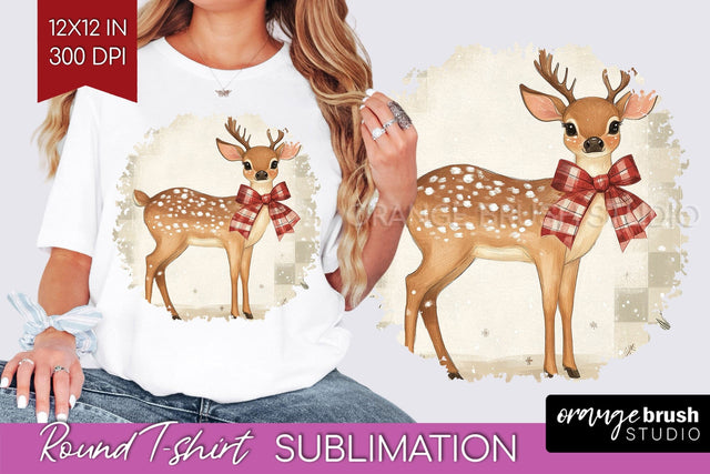 Vintage Christmas Deer Round Tshirt PNG Background Design Sublimation OrangeBrushStudio 