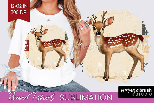 Vintage Christmas Deer Round Tshirt PNG Background Design Sublimation OrangeBrushStudio 