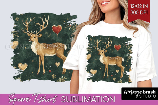 Vintage Christmas Deer Square Tshirt PNG Background Design Sublimation OrangeBrushStudio 