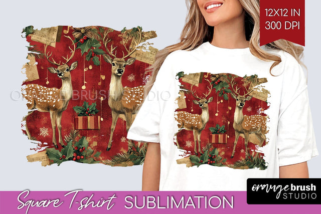 Vintage Christmas Deer Square Tshirt PNG Background Design Sublimation OrangeBrushStudio 