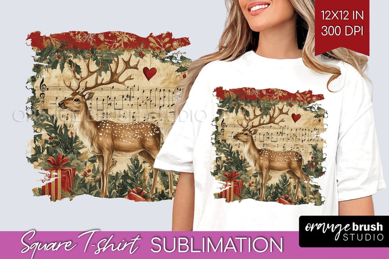 Vintage Christmas Deer Square Tshirt PNG Background Design Sublimation OrangeBrushStudio 