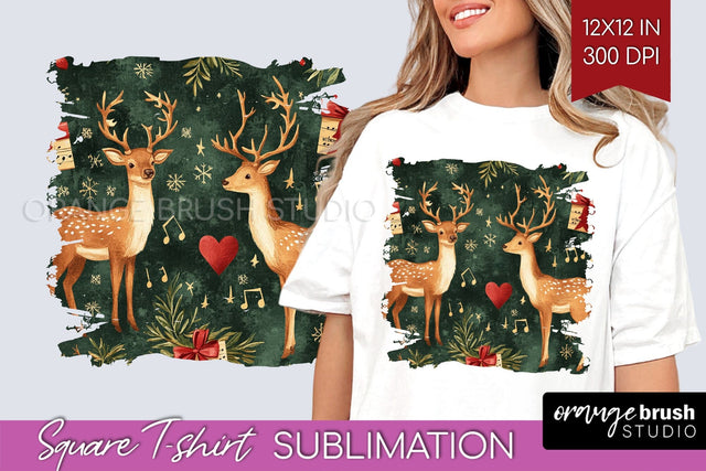 Vintage Christmas Deer Square Tshirt PNG Background Design Sublimation OrangeBrushStudio 