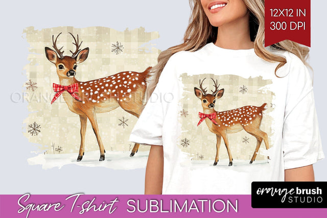 Vintage Christmas Deer Square Tshirt PNG Background Design Sublimation OrangeBrushStudio 