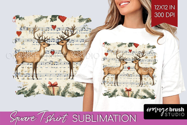 Vintage Christmas Deer Square Tshirt PNG Background Design Sublimation OrangeBrushStudio 