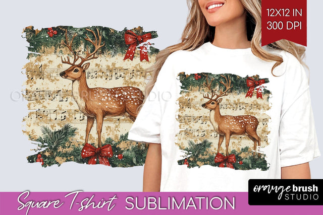 Vintage Christmas Deer Square Tshirt PNG Background Design Sublimation OrangeBrushStudio 