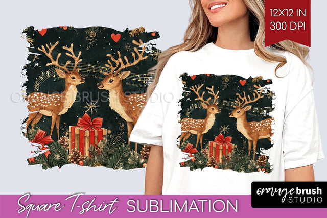 Vintage Christmas Deer Square Tshirt PNG Background Design Sublimation OrangeBrushStudio 