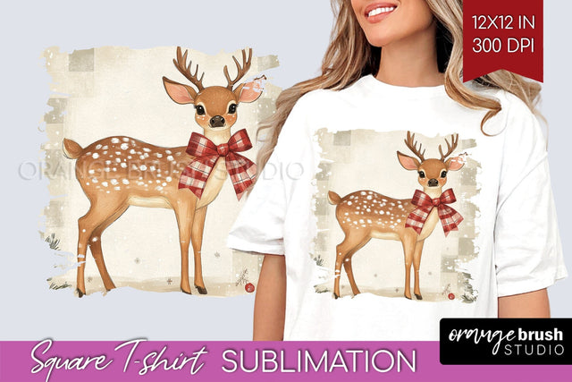 Vintage Christmas Deer Square Tshirt PNG Background Design Sublimation OrangeBrushStudio 