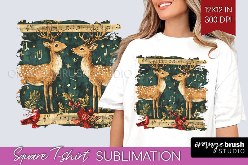 Vintage Christmas Deer Square Tshirt PNG Background Design Sublimation OrangeBrushStudio 